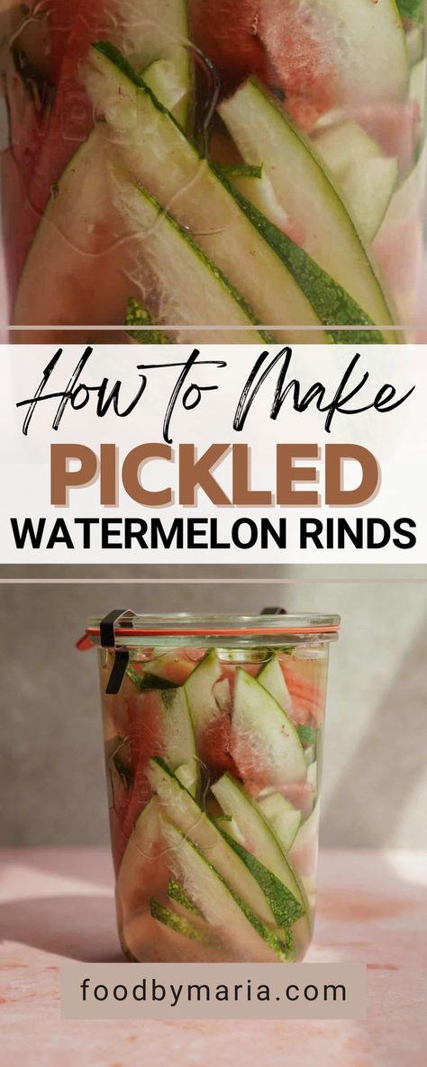 Learn how to make pickled watermelon rinds! Believe it or not, watermelon rinds are completely edible, and you can add them to salads and sandwiches or simply eat them on their own. By pickling watermelon rinds, you are eliminating food waste! This recipe also works great with jalapenos, carrots, cucumber, asparagus, peaches, etc Ideas For Watermelon, Watermelon Pickled Rinds, How To Pickle Watermelon Rind, Pickling Watermelon Rind, Pickles Watermelon Rind, Pickled Watermelon Rind Recipe Canning, Watermelon Pickles Easy, Pickle Watermelon Rind, Watermelon Skin Recipe