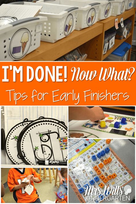 What do you do when your students say "I'm done!" Check out these easily to implement kindergarten early finisher activities. Early Finishers Kindergarten, Early Finisher Activities, Early Finishers Activities, Classroom Management Tips, Fast Finishers, Kindergarten Centers, Kindergarten Ideas, Kindergarten Class, Games And Activities