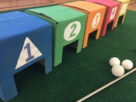 Golf Carnival Game, Mini Golf Holes Diy, Mini Golf Decorations, Diy Golf Game, Golf Activities For Preschool, Golf Themed Games, Diy Mini Golf Course Ideas, Diy Mini Golf, Happy Hogmanay