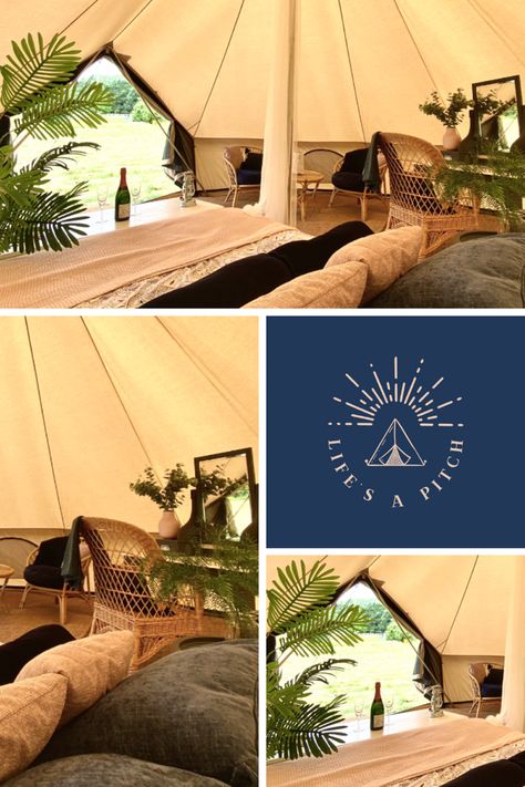 Bell tent interior set up as honeymoon suite with real bed and coordinating accessories in blue and pink Bell Tents, Bell Tent Decor, Bell Tent Interior Ideas, Bell Tent Glamping Interiors, Bell Tent Living, Bell Tent Interior, Glamping Bell Tent Interior, Bell Tent Glamping, 4m Bell Tent