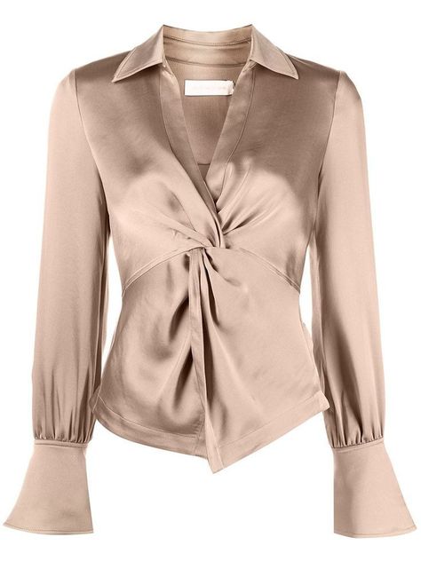 Twisted Blouse, Satin Wrap Top, Evening Blouses, Top Satin, Beige Blouse, Twist Front Top, Satin Long Sleeve, Trendy Fashion Tops, Pretty Blouses