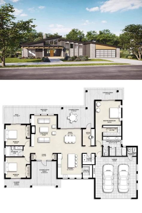 Usa House Design, Modern Home Plans One Story Layout, Midcentury Modern House Floor Plans, One Story Mid Century Modern House Plans, Modern Home Floor Plans, Mid Century Modern Floor Plans 2 Story, 2 Bedroom Mid Century Modern House Plans, Contemporary Farmhouse Exterior, Diy Tiny House Plans