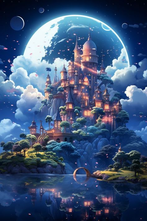 Fantasy Floating City Concept Art, Dreamy Artwork Imagination, Fairy Kingdom Fantasy Art, Dream Illustration Imagination, Magical Landscape Art, Fantasy Illustration Art Imagination, Dream Illustration Surrealism Artworks, Dream Art Surrealism Fantasy Imagination, Fantasy World Art Dreams