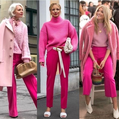 Pink Patent Boots Outfit, Pink Monochromatic Outfit Winter, Pink Pants Outfit 2023, Outfit Pink Trousers, Fuschia Outfit Ideas, Fuschia Work Outfit, Fuschia Trousers Outfit, Hot Pink Flats Outfit, Hot Pink Pants Outfit Winter