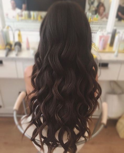 Curled Hairstyles Dark Hair, Long Dark Brown Wedding Hair, Curled Hairstyles Down Simple, Lose Curls Wedding, Long Dark Brown Hair Curly Loose Curls, Iron Curls Hairstyles Long Hair, Long Dark Curled Hair, Curled Brown Hair Long, Brown Hair Curls Wedding