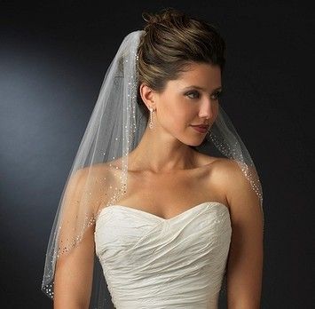 Elegance By Carbonneau Rhinestone Accented Elbow Length Wedding Veil $120 Strapless Wedding Dress Hair, Sanggul Modern, Fingertip Wedding Veils, Winter Wedding Hair, Beaded Veils, Veil Length, Layered Veil, Fingertip Veil, Wedding Hairstyles With Veil