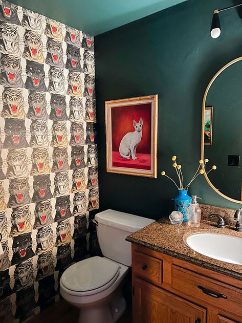 Moody Powder Room, Gucci Wallpaper, Reselling Clothes, Tiger Wallpaper, Meant To Be Together, Thrift Finds, Bathroom Wallpaper, Design Help, Powder Room