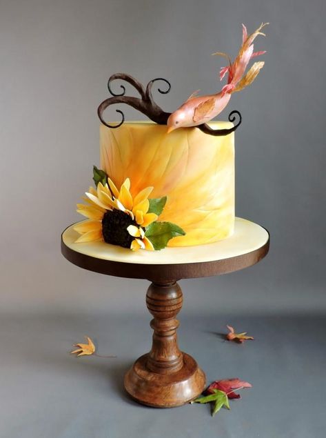 Cake With Flowers, Mini Torte, Bird Cakes, Fall Cakes, Modeling Chocolate, Painted Cakes, Yellow Cake, Gorgeous Cakes, Love Cake