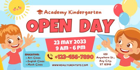 See more templates in my Canva portfolio 👉 https://partner.canva.com/olegnik ⭐️ This design meets the following characteristics: education kindergarten open day preschool registration children illustrative Kindergarten Banner Design, Canva Portfolio, School Banner, Open Day, Preschool Education, Education Kindergarten, Math Class, Opening Day, Canva Templates