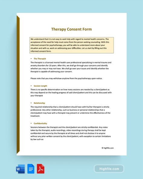 Therapy Consent Form Informed Consent, Clinical Social Work, Consent Forms, Mental Health Care, Beauty Therapy, Group Therapy, Healing Journey, Healthcare Professionals, Counseling