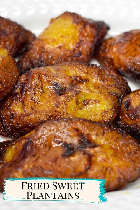 A close up image of the fried sweet pladntains served on a white plate. There is small, aqua and white banner on the bottom left with the title in black letters. Healthy Fried Plantains, Recipe For Plantains, How To Make Fried Bananas, How To Cook Plantains In Air Fryer, Costa Rican Plantain Recipes, Fried Plantains Air Fryer, Brazilian Bananas Recipe, Fried Plantains Recipes, Air Fryer Plantains Sweet