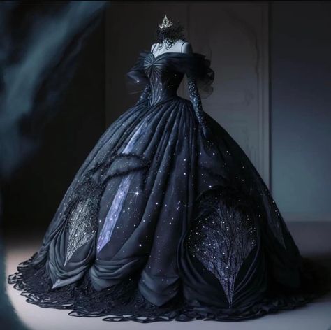 Dark Queen Outfit, Princess Ball Gowns Fantasy Fairytale, Gothic Ballgown, Evermore Wedding, Gothic Ball Gown, Gown Aesthetic, Ball Gowns Fantasy, Black Wedding Gowns, Black Quinceanera Dresses