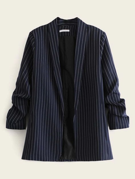 Ruched Sleeve Vertical-Striped Blazer | SHEIN USA Shawl Collar Blazer, Striped Shawl, Plus Size Blazer, Ruched Sleeve, Striped Blazer, Blazer Outfits, High Waisted Denim, Blazers For Women, Suits For Women