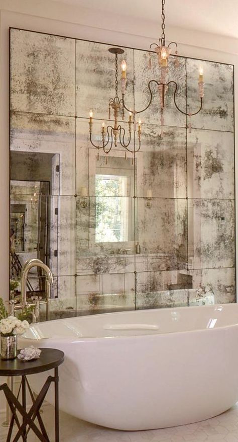 Apartment Bathroom Design, Antique Mirror Tiles, Antique Mirror Glass, French Country Bathroom, Antique Mirror Wall, Mirrored Wall, Bathroom Furnishings, Apartment Bathroom, Mirror Tiles