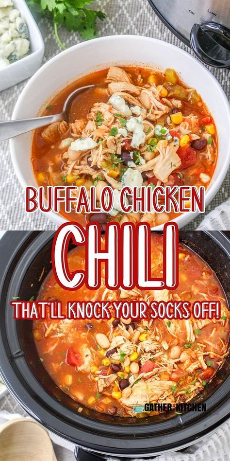 Dive into the bold flavors of Buffalo Chicken Chili made easy in your slow cooker. This recipe combines shredded chicken, beans, and spices with a kick of buffalo sauce for a creamy, comforting chili perfect for any day. Buffalo Chicken Chili Crockpot, Buffalo Chicken Chilli, Crockpot Buffalo Chicken Chili, Crock Pot Chicken Chili, Thick Chili, Creamy Buffalo Chicken, Slow Cooker Buffalo Chicken, Chicken Beans, Buffalo Chicken Chili