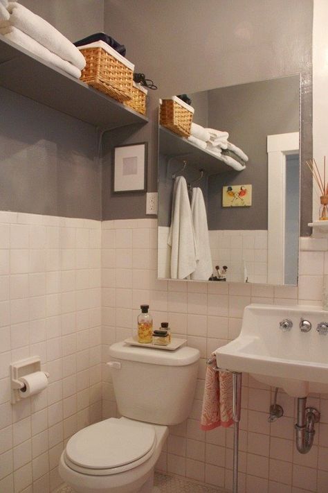 How To Make the Most of a Bathroom with a Pedestal Sink — Renters Solutions | Apartment Therapy Windowless Bathroom, Pedestal Sink, Tiny Bathroom, White Tiles, Home House, House Tour, Bathroom Shelves, Bathroom Cleaning, White Bathroom