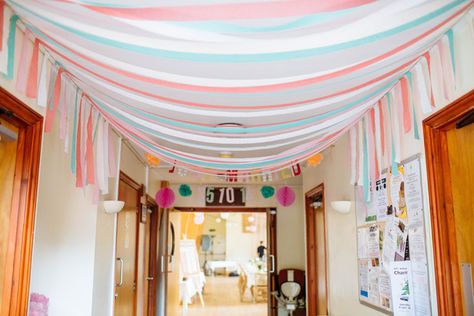 Ribbon Crepe Paper Hanging Ceiling Decor Pretty Quirky DIY Village Hall Wedding http://lauradebourdephotography.com/ Hanging Ceiling Decor, Wedding Hall Architecture, Ceiling Streamers, Streamer Ideas, Quirky Diy, Hall Architecture, Streamer Decorations, Simple Jewerly, Crepe Streamers