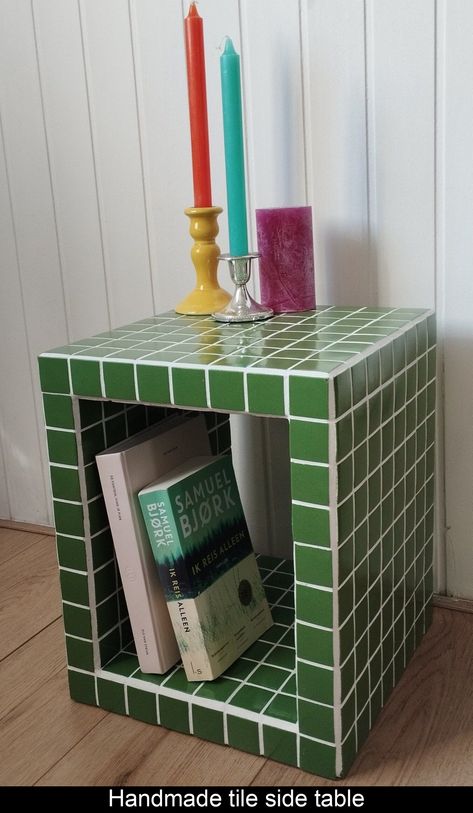 This tile side table will be a real eye-catcher in your interior. Adding color and storage. Use it to store books, vinyl or just to hold your morning coffee. Handmade Interior Decorating Ideas, Green Tile Side Table, Abstract House Decor, Dopamine Core Room, Eclectic Maximalism Living Room, Kelsey Core, Tile Side Table, Eclectic Maximalism, Tile Furniture