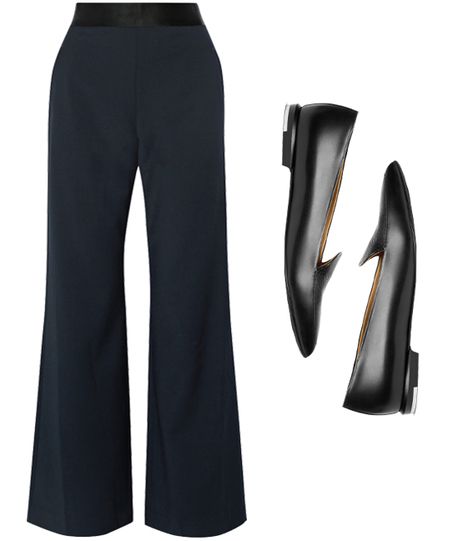 Perfect Pairings: 7 Ways to Style Wide-Leg Pants With Flats - Structure + Polish from InStyle.com Pants With Flats Outfit, Flats With Wide Leg Pants, What Shoes To Wear With Dress Pants, Wide Leg Trousers Shoes, Black Wide Leg Trousers Outfit Classy, Wide Leg Pants With Flats, Shoes With Wide Leg Trousers, Shoes To Wear With Wide Leg Trousers, Black Wide Pants Outfit Classy