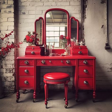 Red Distressed Furniture, Vanity Makeover, Red Furniture, Furniture Flipping, Distressed Furniture, Furniture Redo, Vintage Vanity, Flipping Furniture, Accent Furniture