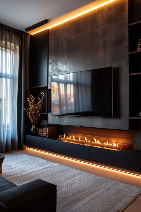 Elevate your entertainment zone with these modern TV wall ideas. See more here. Accent Family Room Wall, Electric Fireplace Media Wall, Tv Statement Wall, Living Room Media Wall Ideas With Fireplace, Media Wall Black, 75 Inch Tv Wall Ideas Living Room, Modern Wall Units Living Room, Media Wall Lighting, Game Room Tv Wall Ideas