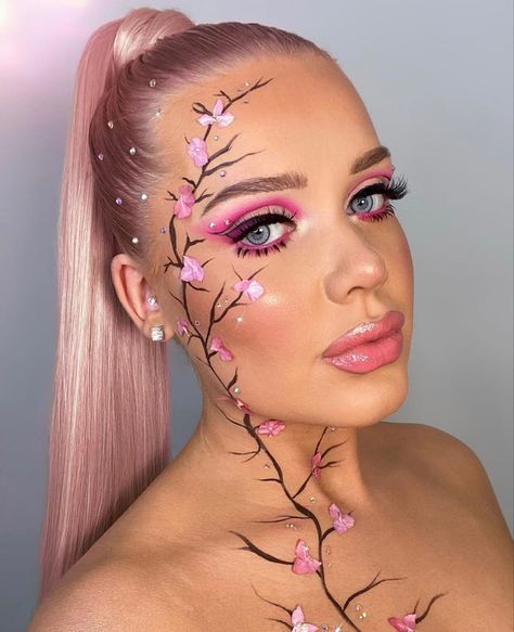 Cherry Blossom Makeup Look, Cherry Blossom Makeup, Sakura Makeup, Body Ideas, Tiktok Makeup, Carnival Makeup, Fantasy Makeup, Cherry Blossoms, Makeup Inspo