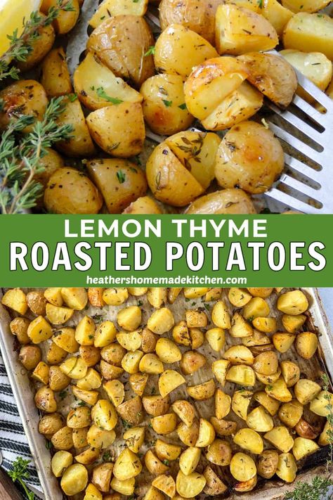 These Lemon Thyme Roasted Potatoes have crisp edges with a fluffy inside and are full of the best lemony flavor. An easy and perfect side dish to any main entrée! Lemon Thyme Recipes, Oven Roasted Potatoes Easy, Lemon Roasted Potatoes, Herb Roasted Potatoes, Thyme Recipes, Lemon Potatoes, Lemon Thyme, Side Dishes Recipes, Healthy Side