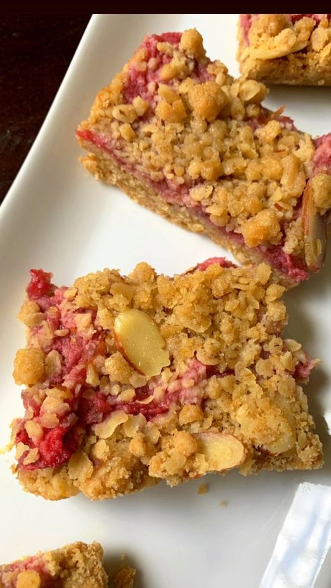 Strawberry Rhubarb Oatmeal Bars Strawberry Rhubarb Recipes Healthy, Strawberry Rhubarb Oatmeal, Rhubarb Oatmeal Bars, Healthy Rhubarb Recipes, Strawberry Rhubarb Recipes, Rhubarb Oatmeal, Rhubarb Bars, Oat Bar Recipes, Rhubarb Desserts