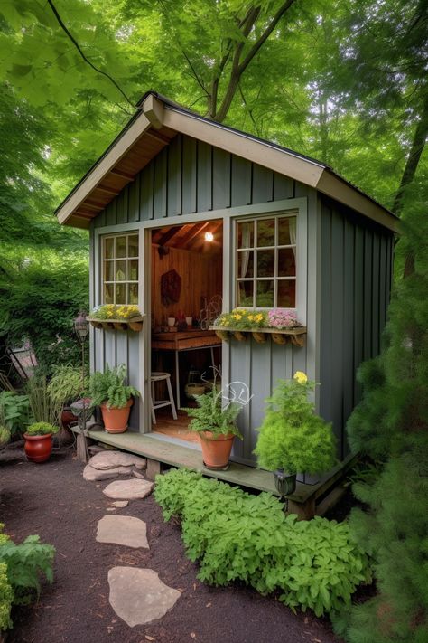 Green Garden Shed Ideas, Dark Green Garden Shed, Dark Shed Colors, Green Shed Colors, Garden Shed Colors Exterior, Green House Shed Ideas, She Shed Colors Exterior, She Shed Exterior Paint Ideas, Dark Green Shed