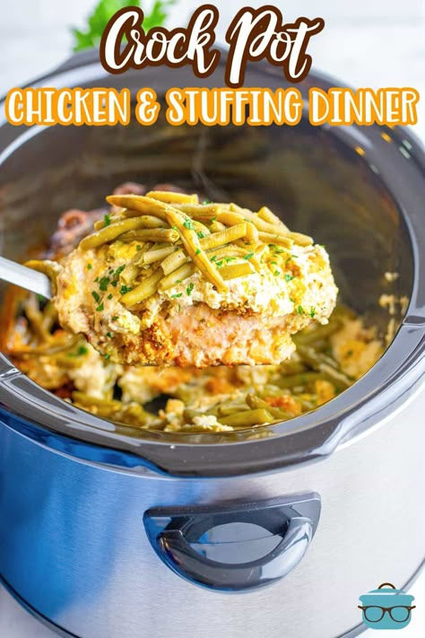 a spoon holding up a serving of chicken and stuffing over a slow cooker. Stuffing Dinner, Crock Pot Chicken And Stuffing, Crockpot Chicken And Stuffing, Chicken And Stuffing, Chicken Stuffing, Chicken Crockpot Recipes Easy, Easy Crockpot Dinners, Stuffing Casserole, Crockpot Dinners