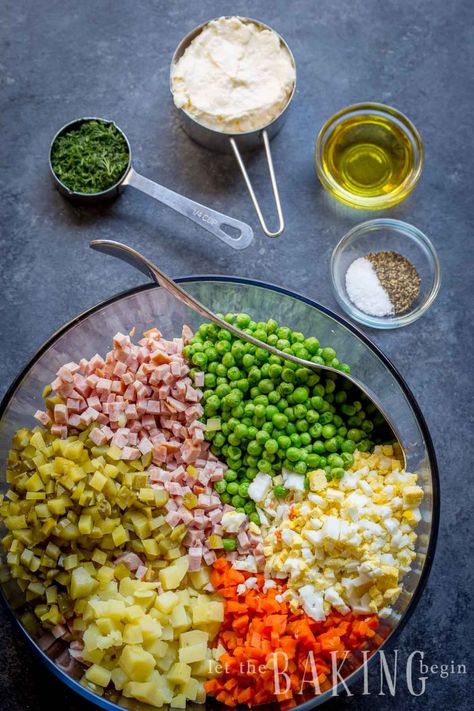 A creamy and hearty potato salad recipe made with potatoes, peas, carrots and more! Russian Salad Recipe, Russian Potato Salad, Olivier Salad, Russian Dishes, How To Cook Potatoes, Potatoe Salad Recipe, Russian Recipes, How To Cook Eggs, How To Make Salad