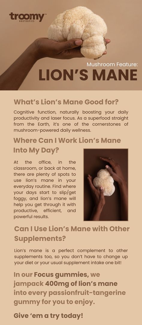 Find out what Lion’s Mane is good for, where can you work it into your day and if it’s possible to use with your other routine supplements! Lion Main, Lions Mane Benefits, Lion Mane, Health Facts, Body Health, Natural Health, Stuffed Mushrooms, Health, Canning