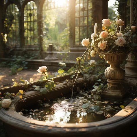 As she drank, the air seemed to hum with a quiet energy, the garden awakening under her touch. The white roses swayed gently, as if bowing in reverence to the mysterious visitor. #art#aiart#aicommunity#aiartwork#inspiration#fantasy#dreamworld#fairytail#fairy#dream#green#garden Fantasy Forest Wedding Aesthetic, Wedding Aesthetic Green, Rose Garden Aesthetic, Flower Poetry, Butterfly Wedding Theme, Royal Au, Pond Waterfall, Water Gardens, Butterfly Wedding