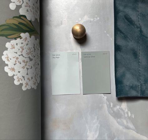 Marble background, brass knob, gray floral wallpaper, and blue velvet curtain mood board Sherwin Williams Samovar Silver, Sherwin Williams Sky High, Samovar Silver Sherwin Williams, Samovar Silver, Olive Paint, 27 Wallpaper, Bedroom Moodboard, Paint Color Guide, Silver Bedroom