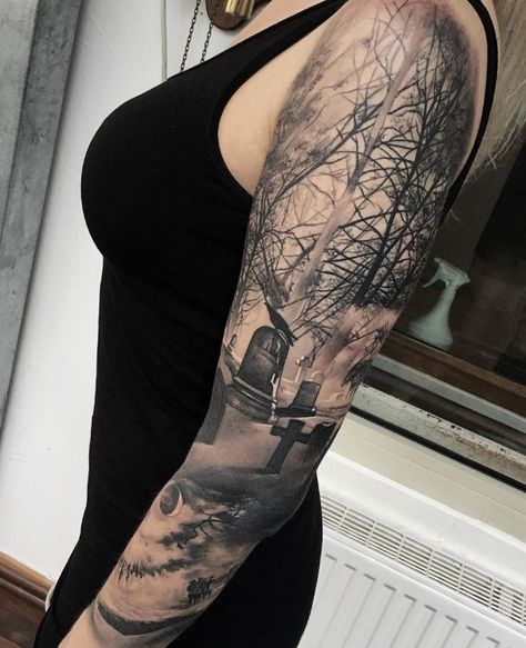 Graveyard Tattoos, Cemetery Tattoo, Tombstone Tattoo, Graveyard Tattoo, Graveyard Girl, Girls With Sleeve Tattoos, Black And Grey Tattoo, Tattoo Trend, Scary Tattoos