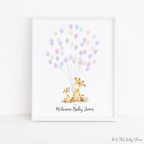 Guest Book Fingerprint, Tree Balloon, Baby Shower List, Baby Shower Fingerprint, Thumb Book, Fingerprint Guestbook, Floating Balloons, Fingerprint Tree, Baby Shower Giraffe