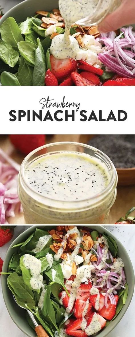 This spinach and strawberry salad is made with a homemade poppyseed dressing, fresh strawberries, and candied almonds! Dressings For Spinach Salad, Salad Dressing For Spinach Salad, Spinach Poppyseed Salad, Dressing For Spinach Salad, Spinach Dressing, Diet Lunch Ideas, Strawberry Spinach Salad, Poppyseed Dressing, Candied Almonds