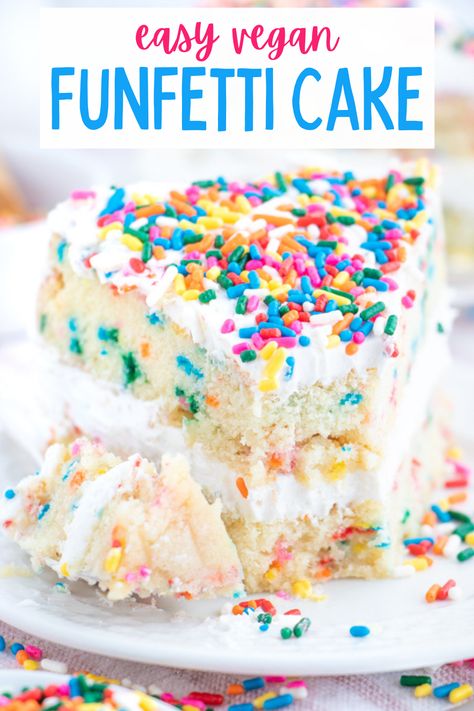 Dairy Free Rainbow Cake, Eggless Funfetti Cake, Funfetti Cake Vegan, Dairy Free Confetti Cake, Easy Dairy Free Cake, Vegan Funfetti Cupcakes, Vegan Confetti Cake, Dairy Free Funfetti Cake, Vegan Cake Recipes Easy