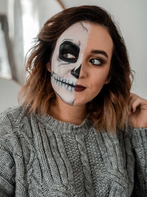 Halloween Makeup With Boots: Simple Skull Glam. ~ Gemma Louise Skull Makeup Simple, Simple Skeleton Makeup, Skeleton Makeup Halloween, Simple Skeleton, Black Eye Pencil, Black Face Paint, White Face Paint, Simple Skull, Skeleton Makeup