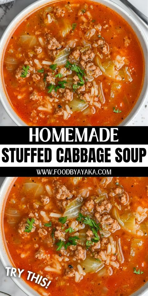 Bowl of stuffed cabbage soup, a hearty and comforting choice for holiday dinners. Cabbage Soup With Italian Sausage, Cabbage Meatball Soup, Soup With Rice Recipes, Soup For When Your Sick, Stuffed Cabbage Soup Recipe, Russian Cabbage Soup Recipe, Christmas Soup Recipes, Deconstructed Cabbage Rolls, Cabbage Roll Soup Recipe