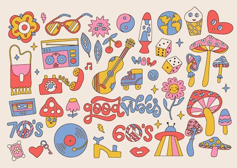 Hippy Stickers, Groovy Elements, Hippie Symbols, Positive Symbols, Funky Aesthetic, Heart Radio, Retro Vector Illustration, Retro Quotes, Computer Wallpaper Desktop Wallpapers