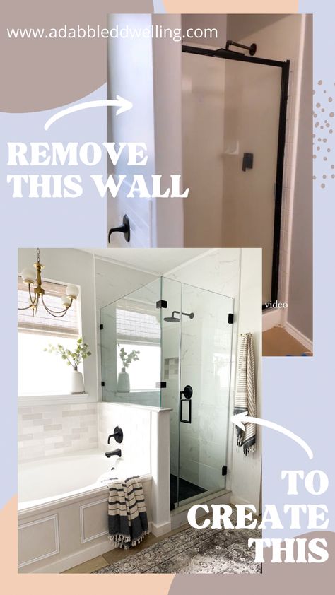 Before and after of shower with adjoining wall removed and new glass installed Make Shower Bigger, Bathroom Shower Upgrade, Dark Shower Pan, Small Stand Up Shower Remodel, Diy Shower Remodel, Bathtub Plumbing, Shower Curb, Shower Renovation, House Upgrades