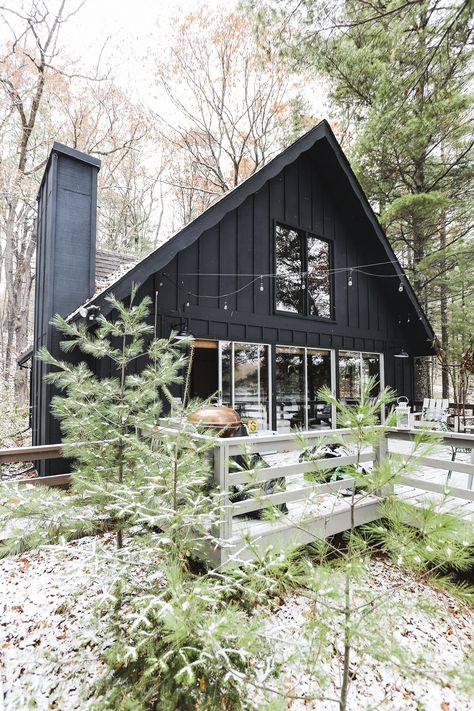 Our Wisconsin Chalet Style Cabin #cabin #chalet #Wisconsin #aframe #blackcabin #black #cozy #northwoods Charcoal A Frame House, Modern Mountain Cabin Exterior, Chalet Exterior Design, Black Lake House, Cabin Building Plans, Mountain Cabin Exterior, Modern Cabin Exterior, Cabin Exterior Ideas, House In Woods