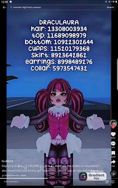 need a halloween costume or maybe a monster high rp? i got uu!! 🩷 Berry Avenue Codes Mcdonalds, Monster High Roblox Codes, Mermaid Codes Berry Ave, Emo Berry Avenue Codes, Berry Avenue Code, Fete Emo, Face Tone, Roblox Code, Baddie Outfits Ideas