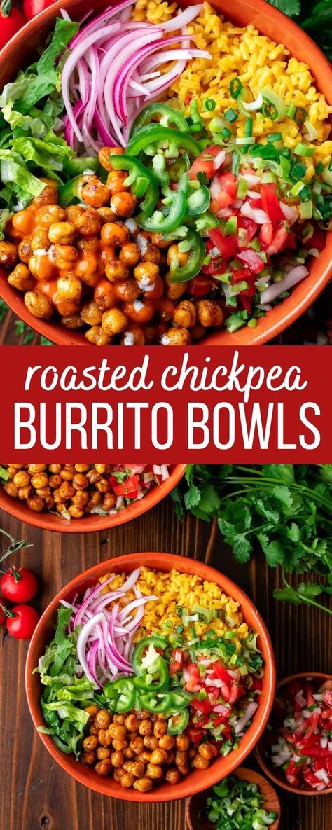 burrito bowls with yellow rice and roasted chickpeas Chickpea Burrito, Valentina Hot Sauce, Vegetarian Burrito, Roasted Chickpea, Authentic Mexican Recipes, Burrito Bowls Recipe, Healthy Bowls Recipes, Vegan Chickpea, Burrito Bowls