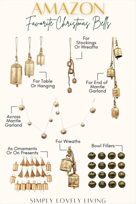 Set of 20 Christmas Bells for … curated on LTK Gold Christmas Bells, Boho Modern Farmhouse, Budget Party, Amazon Christmas, Bells Christmas, Vase With Lights, Front Porch Decorating, Brass Bells, Cozy Decor