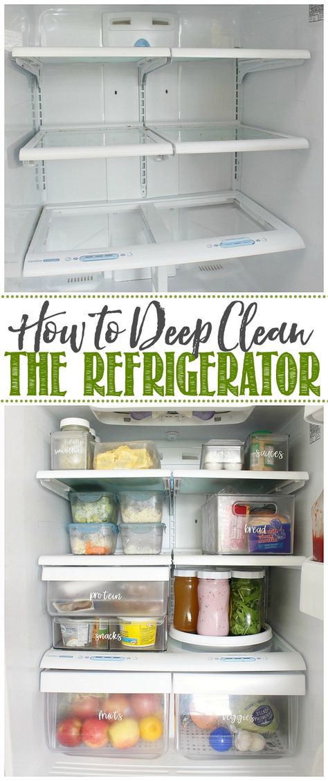 Fridge Cleaning Hacks, Deep Cleaning Lists, Organized Fridge, Kitchen Renovation Inspiration, Deep Cleaning House, Diy Cleaning Products Recipes, Clean Fridge, Fridge Shelves, Deep Cleaning Tips