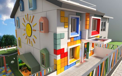 Kindergarden Exterior Designs, Preschool Building Design Exterior, Kindergarten Facade Design, Kindergarten Building Design, Kindergarten Exterior Design, Preschool Exterior, Kindergarten School Design, Kindergarten Exterior, Daycare Exterior