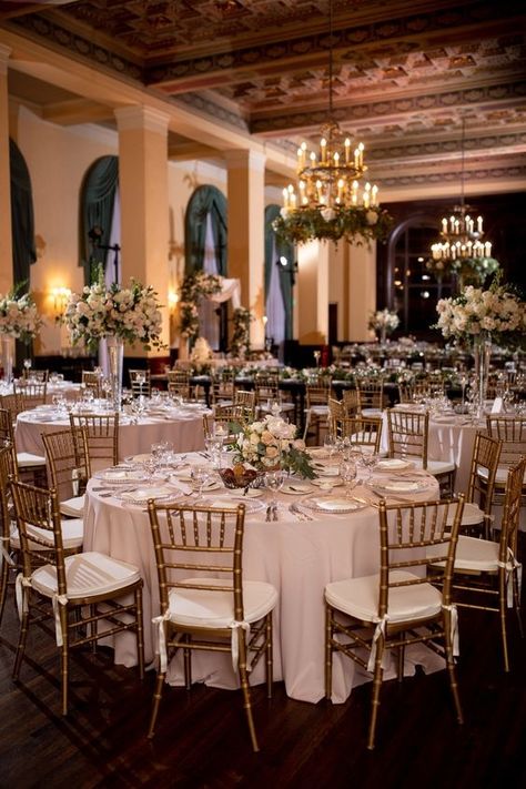 Gold Chair Wedding Reception, Wedding Reception Chairs Decorations, Wedding Neutral Decor, Gold Wedding Chairs Receptions, Gold And White Reception Decor, Gold Chivari Chairs Wedding Ceremony, Gold Chiavari Chairs Wedding Receptions, Wedding Reception Venues Indoor Elegant, Gold Chivari Chair Wedding