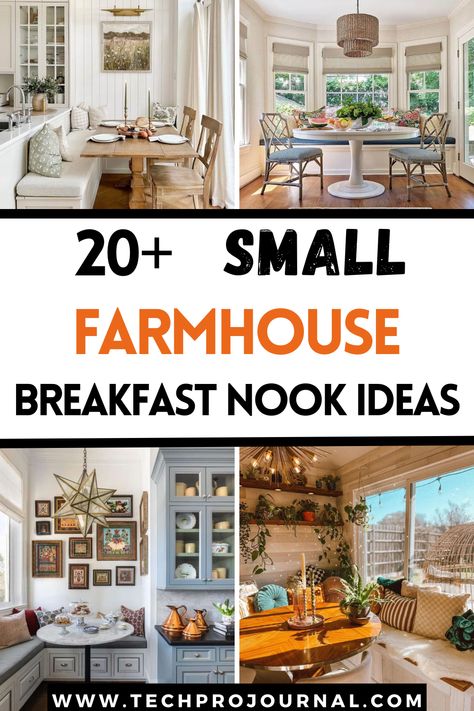 I’m loving these small farmhouse breakfast nook ideas! They bring cozy charm to any kitchen with rustic tables, comfy benches, and lots of natural light. Small farmhouse breakfast nook ideas are perfect for a warm and inviting space where everyone can gather. Kitchen Table Corner Ideas, Breakfast Nook Farmhouse Style, Breakfast Nook Pantry, Breakfast Room Ideas Farmhouse, Modern Farmhouse Breakfast Area, Small Dining Nook Ideas Cozy, Tiny Kitchen Nook Ideas, Kitchen Design With Breakfast Nook, Banquette Breakfast Nook